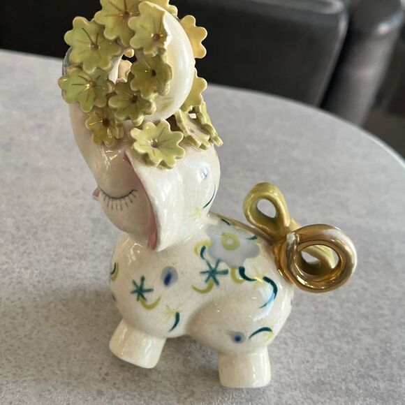 A decorated Elephant? Ceramic. Pink ears. Nose in air. Flowers on trunk. Eyelash - Picture 8 of 14